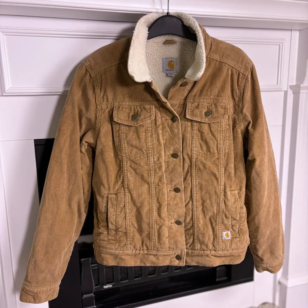 Carhartt Sherpa Lined Corduroy Jacket Women's‎ Small Tan Trucker Coat Work Wear